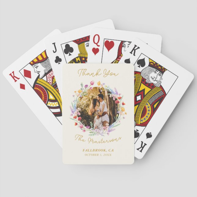 Elegant Watercolor Floral Wedding Photo Poker Cards (Back)