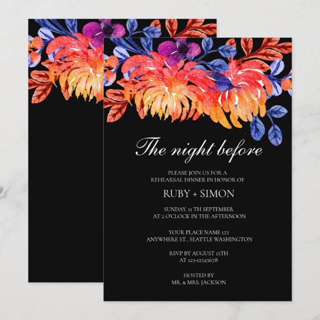 Elegant Watercolor Floral Wedding Rehearsal Dinner Invitation (Front/Back)