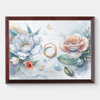 Elegant Watercolor Floral Wedding Rings Wall Art Award Plaque