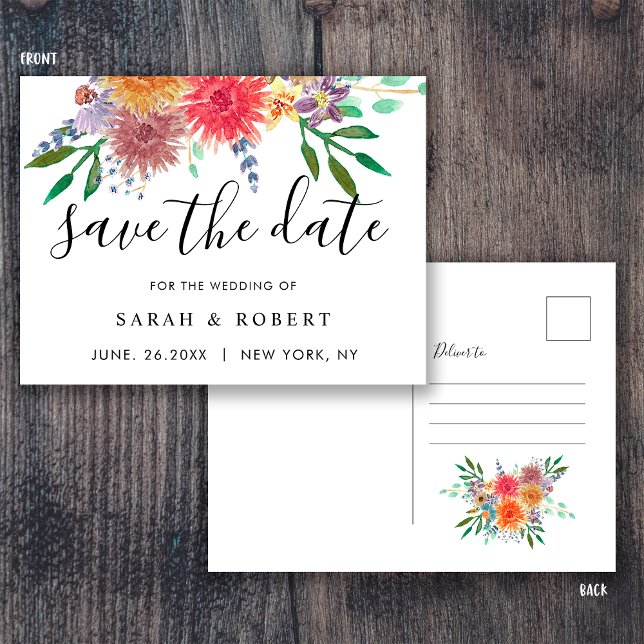 Elegant Watercolor Floral Wedding Save the Date  Postcard (Creator Uploaded)