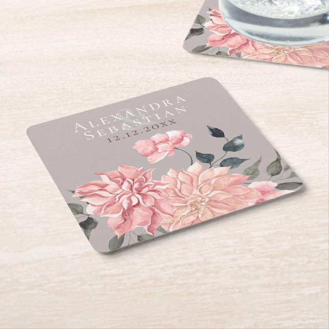 Elegant Watercolor Floral Wedding Square Paper Coaster (Angled)