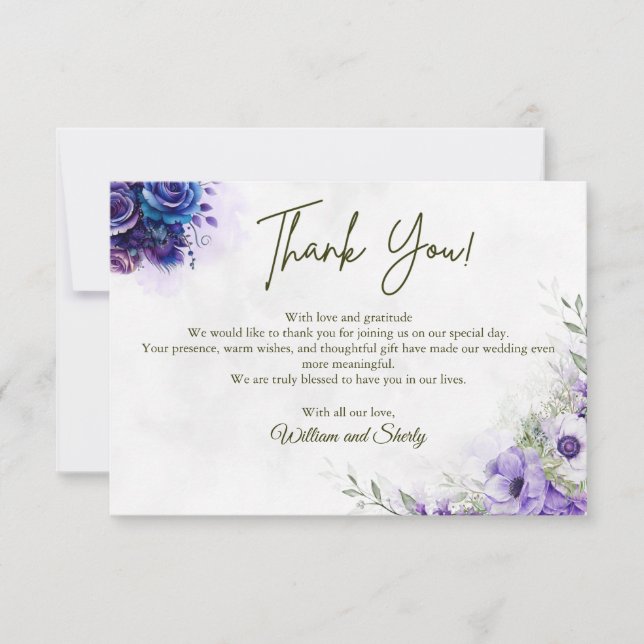 Elegant Watercolor Floral Wedding Thank You Card (Front)