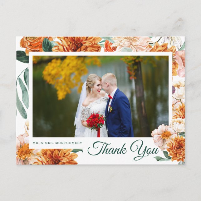 Elegant Watercolor Floral Wedding Thank You Photo Postcard (Front)