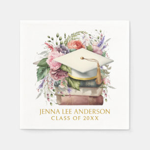 Elegant Watercolor Floral White Cap Graduation Napkins
