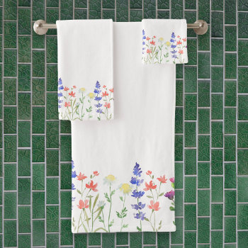 Elegant Watercolor Floral Wildflowers Border White Bath Towel Set by InTrendPatterns at Zazzle