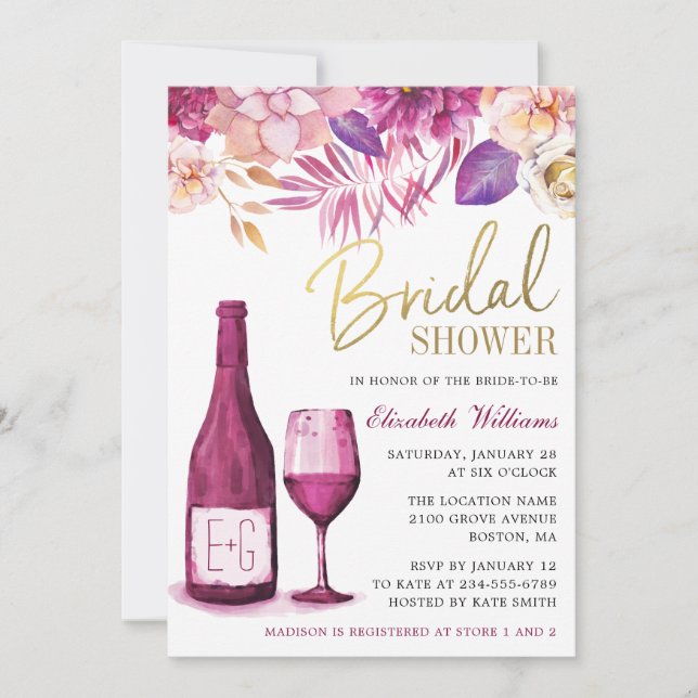 Elegant Watercolor Floral | Wine Bridal Shower Invitation (Front)