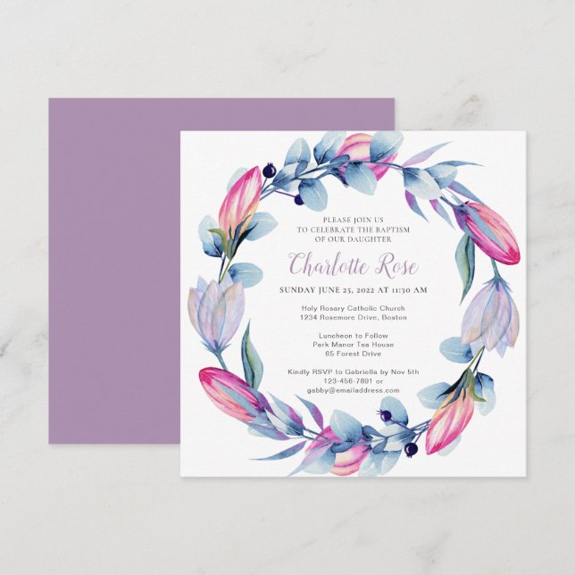 Elegant Watercolor Floral Wreath Baptism  Invitation (Front/Back)