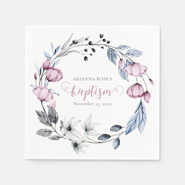 Elegant Watercolor Floral Wreath Baptism Napkins (Front)