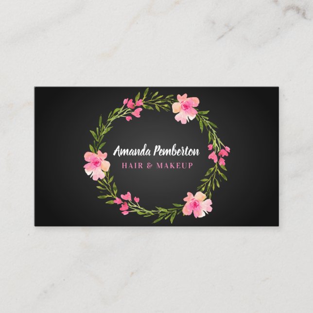 Elegant Watercolor Floral Wreath Business Card (Front)
