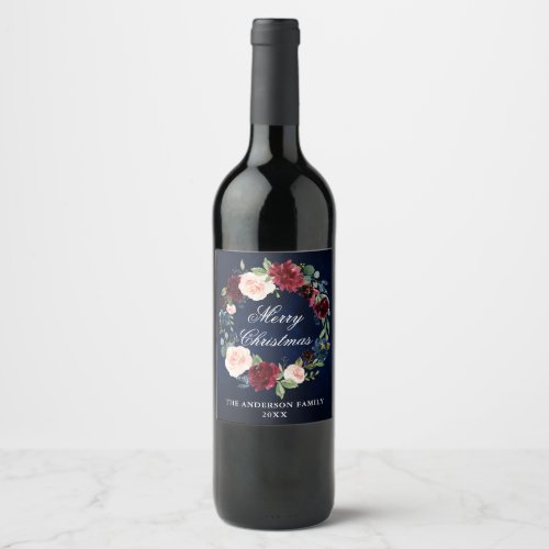 Elegant Watercolor Floral Wreath Christmas Party Wine Label