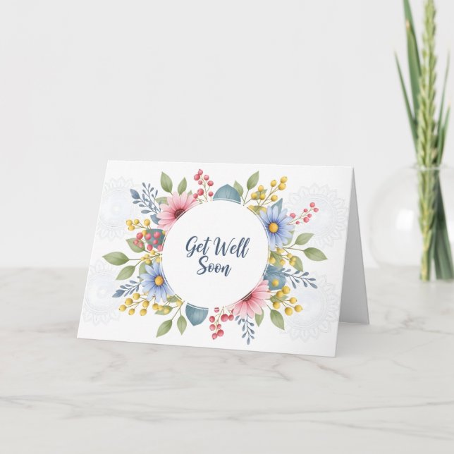 Elegant Watercolor Floral Wreath Get Well Soon  Card (Front)