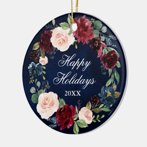 Elegant Watercolor Floral Wreath Happy Holidays Ceramic Ornament