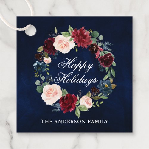 Elegant Watercolor Floral Wreath Happy Holidays Favor Tags