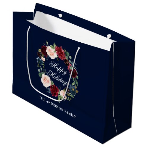 Elegant Watercolor Floral Wreath Happy Holidays Large Gift Bag