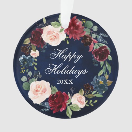 Elegant Watercolor Floral Wreath Happy Holidays Ornament