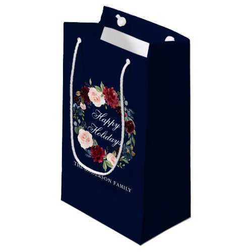 Elegant Watercolor Floral Wreath Happy Holidays Small Gift Bag