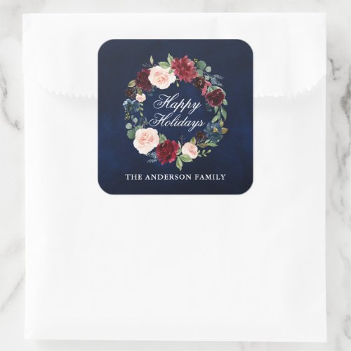 Elegant Watercolor Floral Wreath Happy Holidays Square Sticker