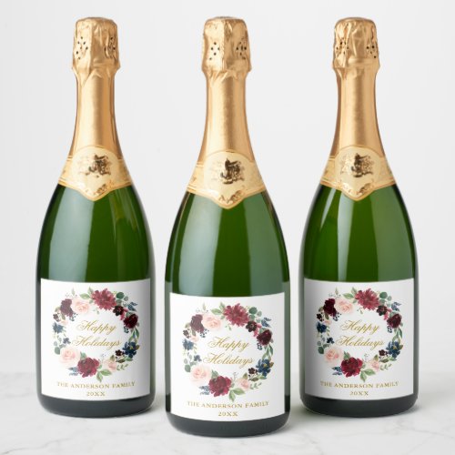 Elegant Watercolor Floral Wreath Holiday Party Sparkling Wine Label