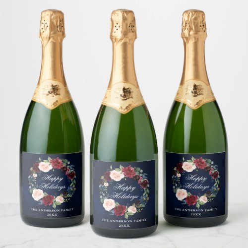 Elegant Watercolor Floral Wreath Holiday Party Sparkling Wine Label