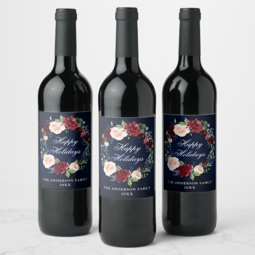 Elegant Watercolor Floral Wreath Holiday Party Wine Label