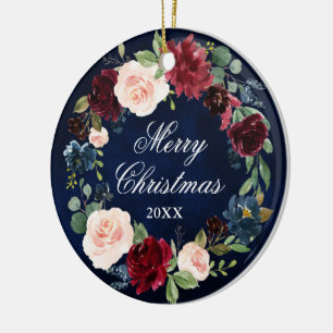 Elegant Watercolor Floral Wreath Merry Christmas Ceramic Ornament