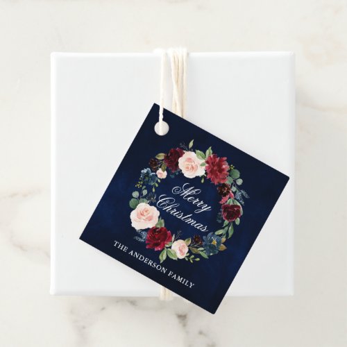 Elegant Watercolor Floral Wreath Merry Christmas Favor Tags