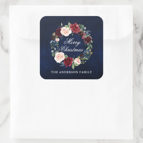 Elegant Watercolor Floral Wreath Merry Christmas Square Sticker