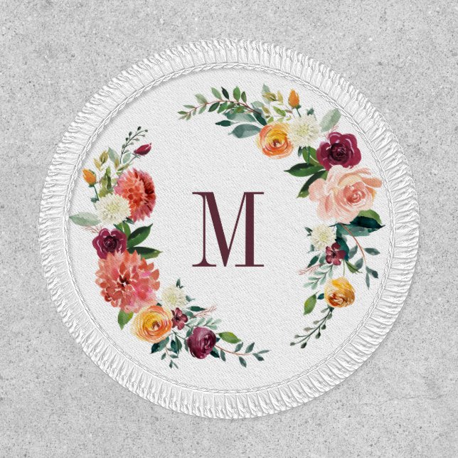 Elegant Watercolor Floral Wreath Monogram Patch (Front)