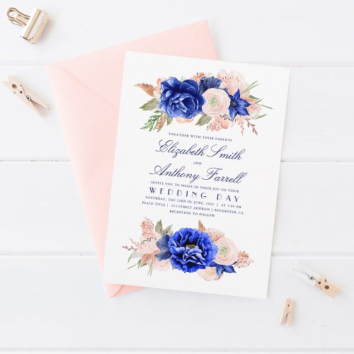 Elegant Watercolor Floral Wreath Navy Blue Wedding Invitation