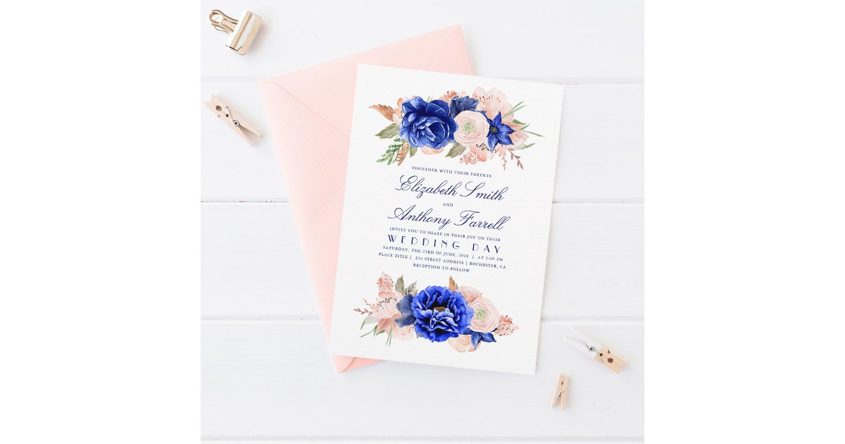 Elegant Watercolor Floral Wreath Navy Blue Wedding Invitation | Zazzle