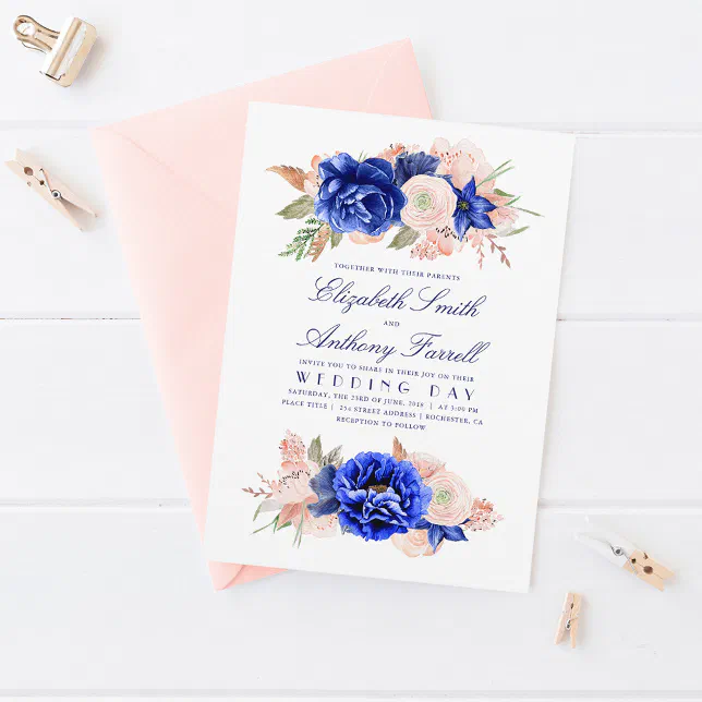Elegant Watercolor Floral Wreath Navy Blue Wedding Invitation | Zazzle