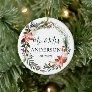 Elegant Watercolor Floral Wreath Newlywed Ceramic Ornament