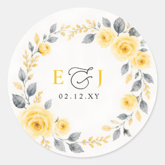 Elegant Watercolor Floral Yellow Gray Wedding Classic Round Sticker