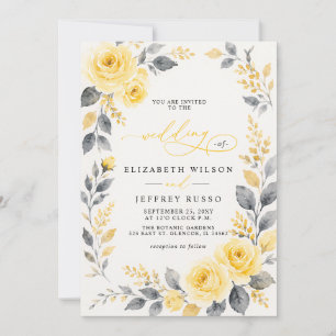 Elegant Watercolor Floral Yellow Gray Wedding Invitation