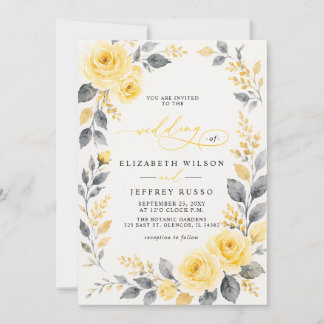 Elegant Watercolor Floral Yellow Gray Wedding Invitation