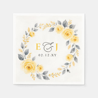 Elegant Watercolor Floral Yellow Gray Wedding Napkins