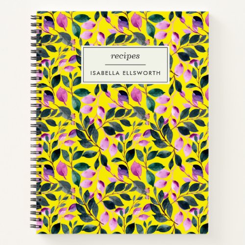 Elegant Watercolor Floral Yellow Name Recipe Notebook