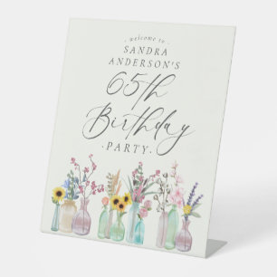 Elegant Watercolor Florals 65th Birthday Party Pedestal Sign