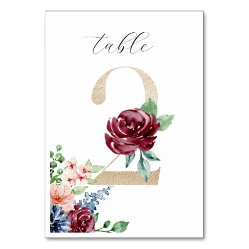 Elegant Watercolor Florals Faux Gold Wedding 2 Table Number