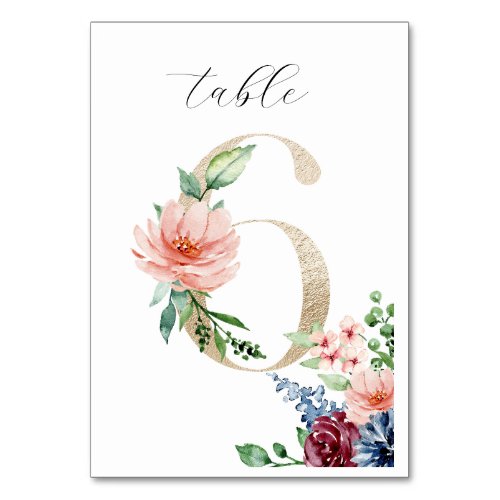 Elegant Watercolor Florals Faux Gold Wedding 6 Table Number