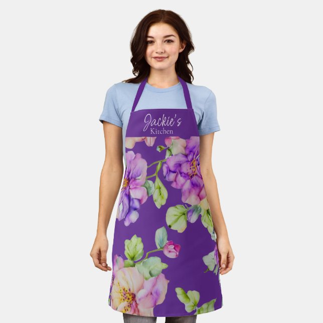 Elegant watercolor florals personalize name apron (Worn)
