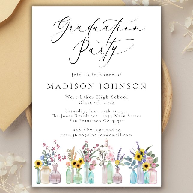 Elegant Watercolor Florals Script Graduation Party Invitation (Creator Uploaded)