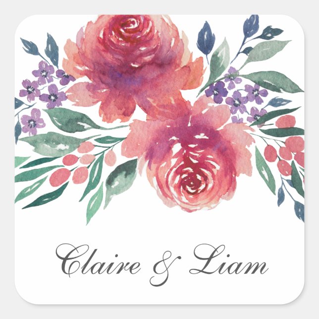 Elegant Watercolor Florals Wedding Square Sticker (Front)