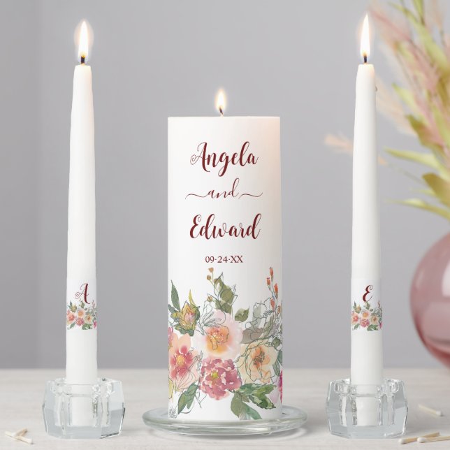 Elegant Watercolor Florals Wedding  Unity Candle Set (In Situ)