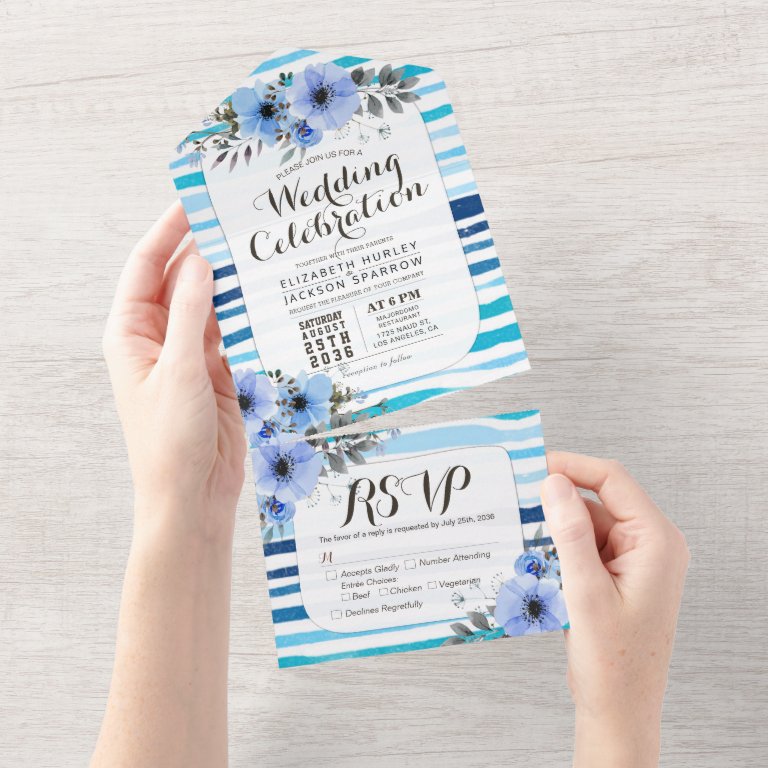 Elegant Watercolor Flower Blue Stripe Wedding RSVP All In One Invitation