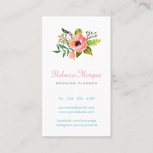 Elegant Watercolor Flower Bouquet - Clean Chic Business Card (Front)