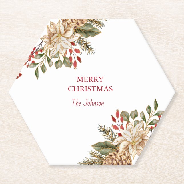 Elegant Watercolor Flower Pines Paper Coaster (Front)