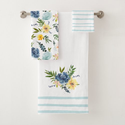 Elegant Watercolor Flower Roses Blue Yellow Bath Towel Set