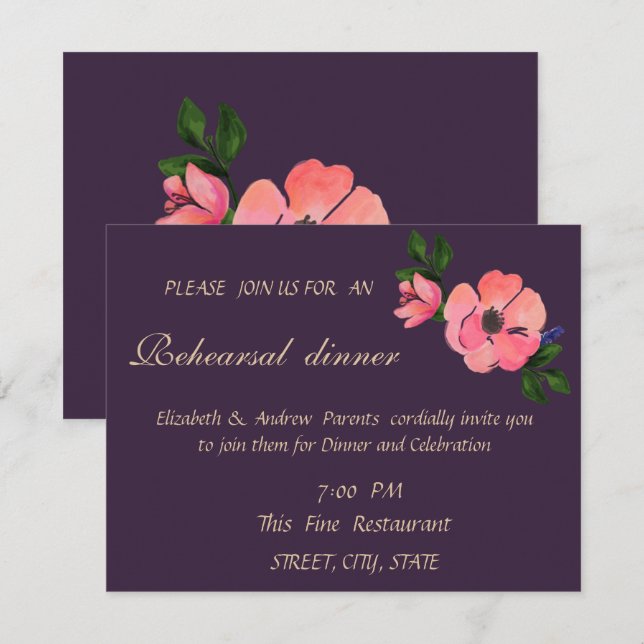 Elegant Watercolor Flower Wedding Rehearsal Dinner Invitation (Front/Back)