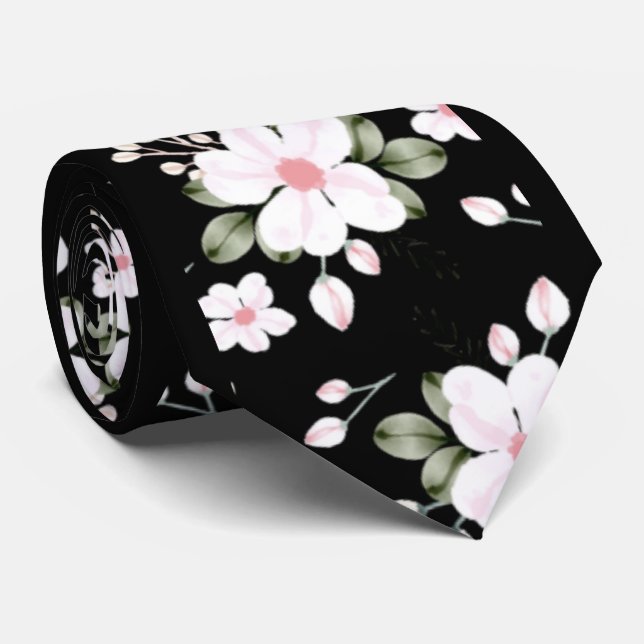  Elegant Watercolor Flowers Black and White Rose Neck Tie (Rolled)